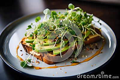 An avocado toast garnished with microgreens and a touch of chili flakes Stock Photo