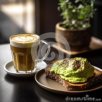 Avocado toast and a hot coffee latte Generative AI Stock Photo