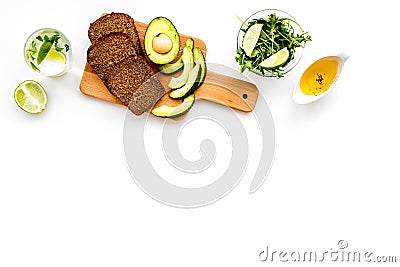 Avocado toast for light healthy breakfast on white background top view copy space Stock Photo