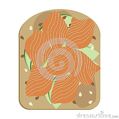 Avocado toast with poached egg and salmon. Avocado slices on bread, vegan sandwich with smoked lox and sesame seeds Vector Illustration