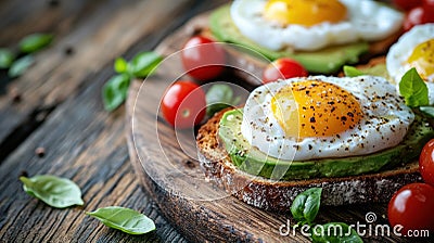 avocado toast with poached eggs and cherry tomatoes, quick breakfast idea at home displayed on a wooden table banner Cartoon Illustration