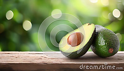 avocado on the wooden in blur green background Stock Photo