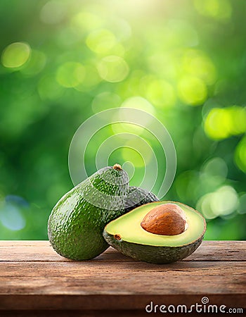 avocado on the wooden in blur green background Stock Photo