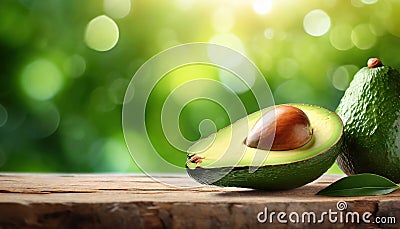 avocado on the wooden in blur green background Stock Photo