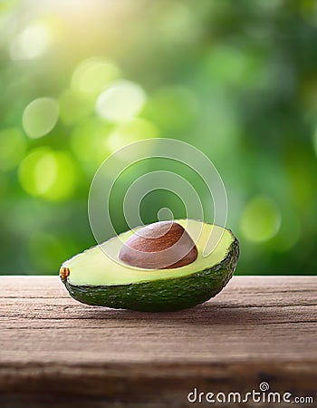 avocado on the wooden in blur green background Stock Photo