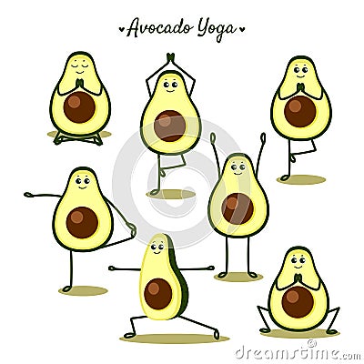 Avocado yoga. Funny illustration with yoga poses and fruits. Cartoon Illustration