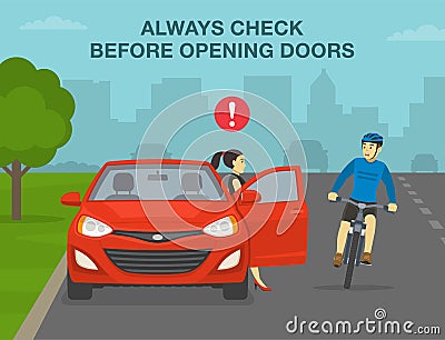 Avoid the door zone. Always check before opening doors. Female driver opens car door in front of scared cyclist. Vector Illustration