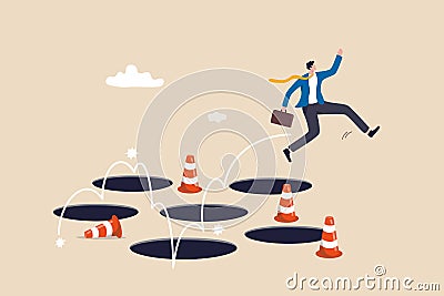 Avoid pitfall, adversity and brave to jump pass mistake or business failure, skill and creativity to solve problem concept, smart Vector Illustration