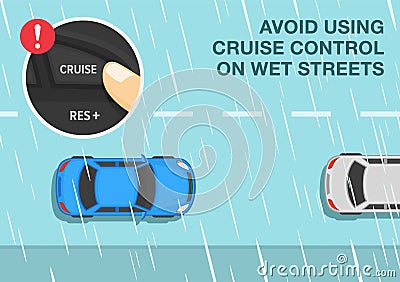 Avoid using cruise control on wet streets. Close-up of a finger pressing cruise control button. Rainy weather condition. Vector Illustration