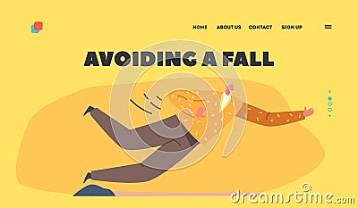 Avoiding a Fall Landing Page Template. Senior Male Character Stumble the Stone Falling Down on the Ground, Fracture Vector Illustration