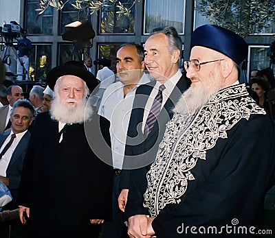 Avraham Shapira, Shimon Peres, and Menachem Eliahu in Jerusalem, Israel in 1986 Editorial Stock Photo