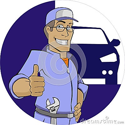 AVTOSLESAR` MASTER AVTOMOBIL` REMONT BOL`SHOY PALETS 50/5000 Master car mechanic car repair thumb. Vector Illustration