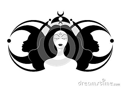 Wiccan woman icon, Triple goddess symbol of moon phases. Hekate, mythology, Wicca, witchcraft. Triple Moon Religious Wiccan sign Vector Illustration