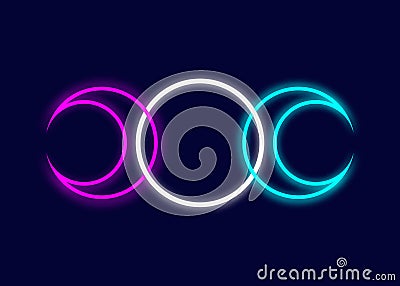 Triple Moon Religious Wiccan neon sign. Wicca logo Neopaganism symbol, Triple Goddess icon tattoo, Goddess of the Moon, the Earth Vector Illustration