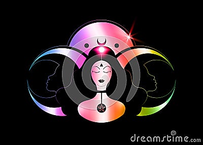 Wiccan woman icon, Triple goddess symbol of moon phases. Hekate, mythology, Wicca, witchcraft. Triple Moon Religious Wiccan sign Vector Illustration