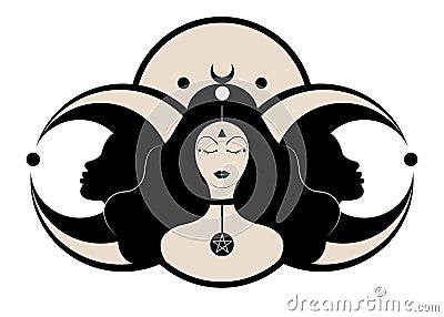 Wiccan woman icon, Triple goddess symbol of moon phases. Hekate, mythology, Wicca, witchcraft. Triple Moon Religious Wiccan sign Vector Illustration