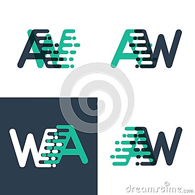 AW letters logo with accent speed in tosca green and dark blue Vector Illustration