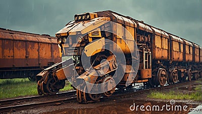 A rusty old train that has come to life is moving along the railway. Stock Photo