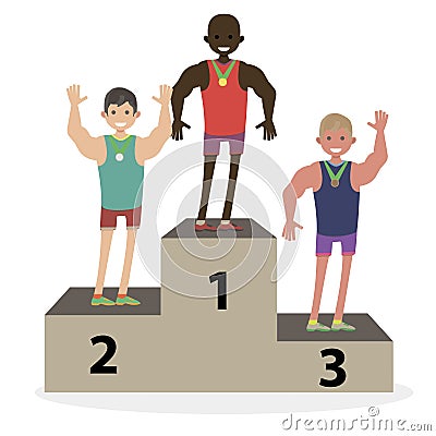 The award ceremony medals the athletes on the podium. Men`s winners. Character vector illustration flat people. Vector Illustration