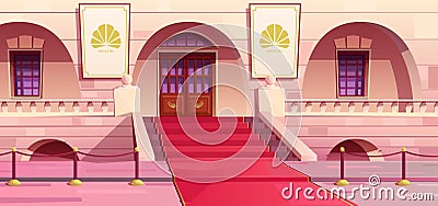 Award ceremony, red carpet, palace architecture. Carpeted ceremonial staircase, golden railing posts, stone square, arched front Vector Illustration