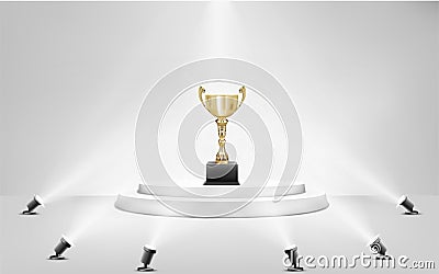 award golden cup on round pedestal with spotlight Vector Illustration