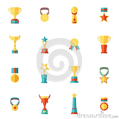 Award icons flat set of trophy medal winner prize champion cup isolated vector illustration Vector Illustration