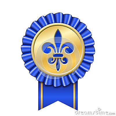 Award ribbon gold icon. Golden medal, fleur de lis design isolated white background. Antique royal lily. Symbol winner Vector Illustration