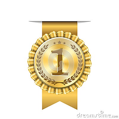 Award ribbon gold icon number first. Design winner golden medal 1 prize. Symbol best trophy, 1st success champion, one Vector Illustration