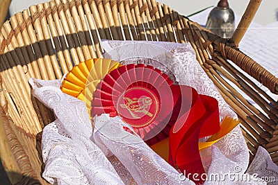 Award ribbon rosettes in horse show and equestrian Stock Photo