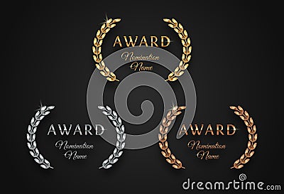 Award sign with laurel wreath - golden, silver and bronze variants, Vector Illustration