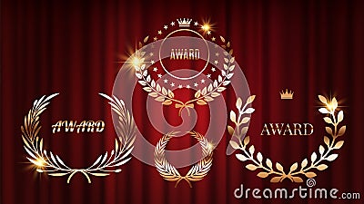 Award signs. Shine laurel wreaths on red curtains. Golden bronze celebration anniversary vector labels Vector Illustration