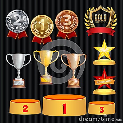 Award Trophies Vector Set. Achievement For 1st, 2nd, 3rd Place Ranks. Ceremony Placement Podium. Golden, Silver, Bronze Vector Illustration