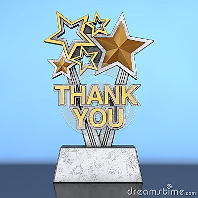 Award Trophy with Golden Thank You Sign. 3d Rendering Stock Photo