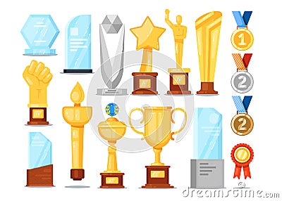 Award trophy set. Isolated gold cup, medal, star Vector Illustration