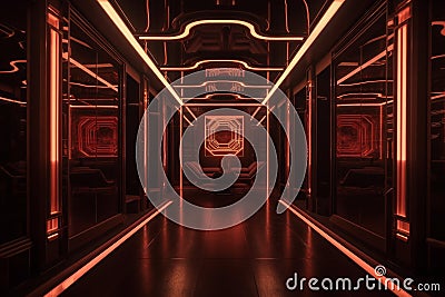 Award-Winning Futuristic Design: Bronze & Dark Maroon Red, Shiny Walls & Neon Lights Stock Photo