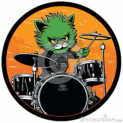 Award-winning Green Kitty Drummer Sticker In Gritty Horror Comic Style Stock Photo