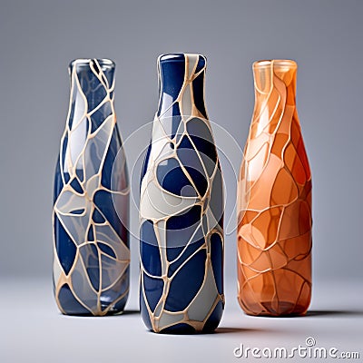 Award-winning Minimalism: Blue, Orange, And Brown Vases With Fluid Networks Stock Photo