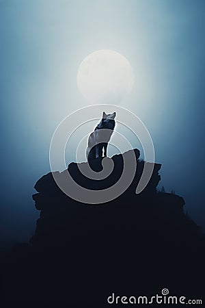 silhouette of a wolf howling on a cliff - full moon - coyote Stock Photo