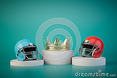 awarding of American football champions. podium on which a crown, red and blue helmet. 3D render Stock Photo