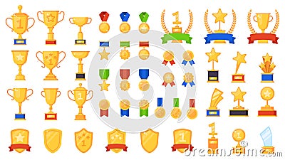 Awards flat. Different sport trophy, golden cups medals and laurel wreaths and prizes, winners star symbols design Vector Illustration