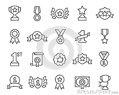 Awards Icons Set. Collection of linear simple web icons such as Cups, Awards, Medals, Diplomas, Champion, Number One Vector Illustration