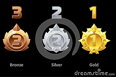 Awards medals gold, silver and bronze. Rewards 1st , 2nd and 3rd place for Gui Game. Vector template award Vector Illustration