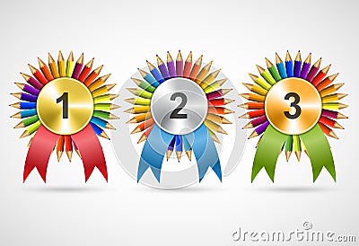 Awards rosettes with pencils. Modern, isolated medals. Vector Illustration