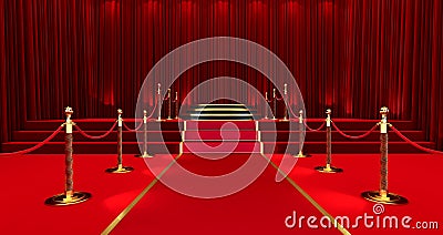 Awards show background with red curtains open on Black screen, Long red carpet between rope barriers Stock Photo