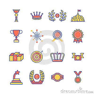 Awards and 1st best podium place thin line flat colored icons isolated on white background Vector Illustration