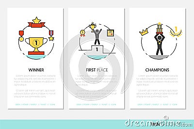 Awards and Trophy Business Brochure Template with Linear Thin Line Icons Vector Illustration