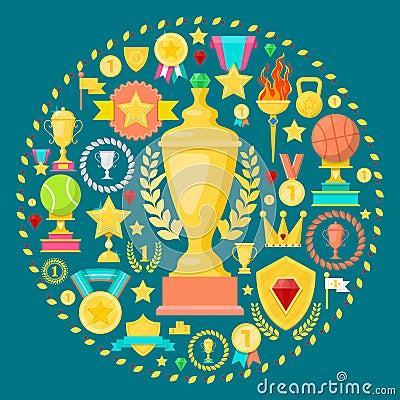 Awards and Trophy Icons with Cup Medal Prize. Winner Champion Concept Vector Illustration