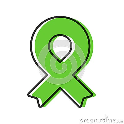 Awareness ribbon. Black outline. Lime green color. Geometrical shape. Vector illustration, flat design Vector Illustration