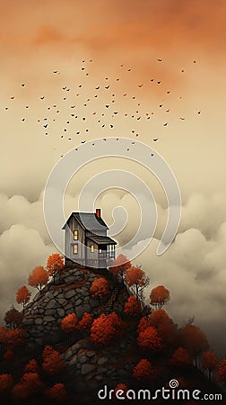 Away House Hill Flock Birds Flying Sky Fall Color Solitude Ember Cartoon Illustration