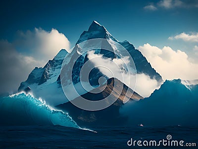 Awe-Inspiring Contrast: Majestic Mountains in the Ocean's Embrace Stock Photo